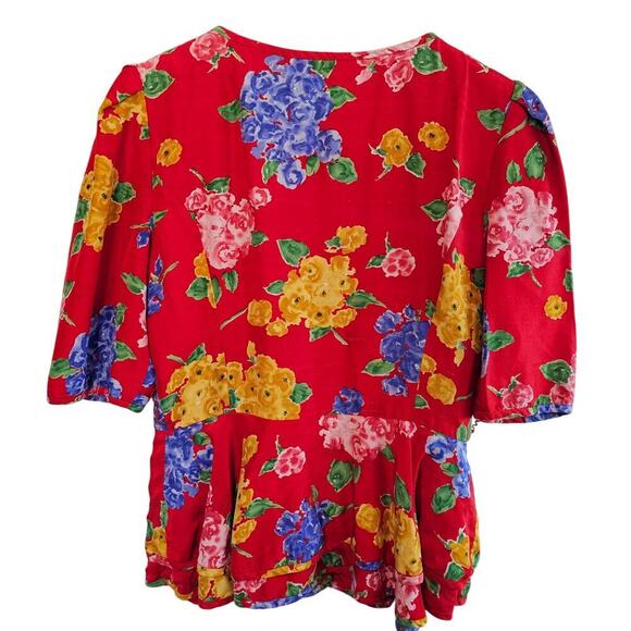 Vintage Richard Warren Silk Blouse Women Sz 10 Red Peplum 80s Glam Floral Girly - Picture 2 of 9